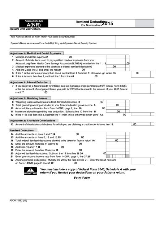 Fillable Form 10562 - Arizona Schedule A(Nr) - Itemized Deductions For Nonresidents - 2015 Printable pdf