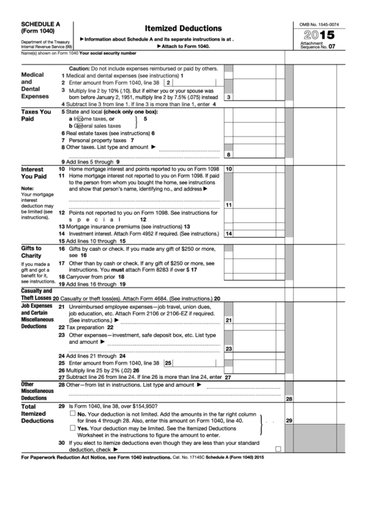 Fillable Form 1040 - Schedule A - Itemized Deductions - 2015 Printable pdf