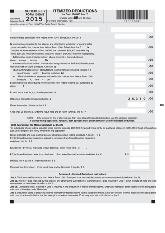 Form 1040me Schedule 2 - Itemized Deductions - 2015 Printable pdf