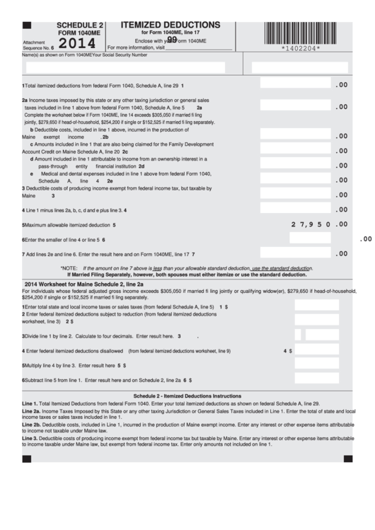 Fillable Form 1040me Schedule 2 - Itemized Deductions - 2014 Printable pdf