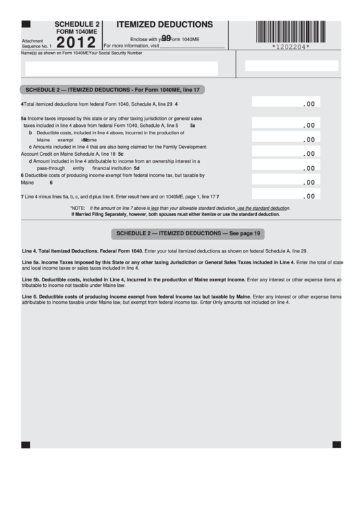 Fillable Form 1040me - Schedule 2 - Itemized Deductions - 2012 Printable pdf