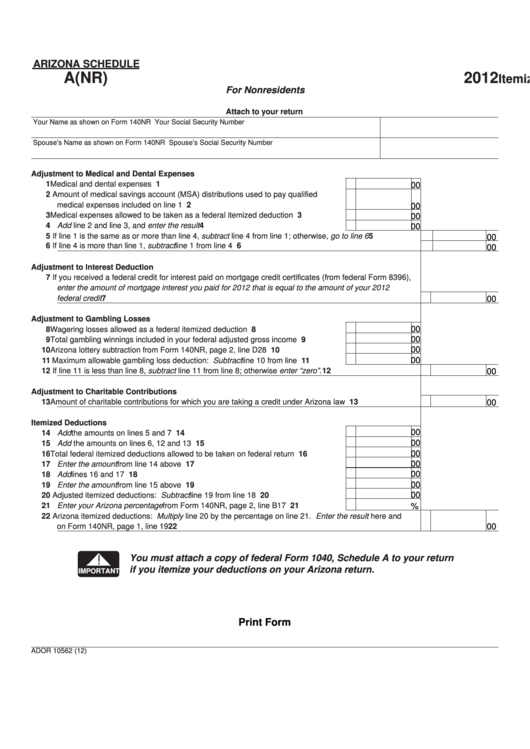 Fillable Form 10562 Arizona Schedule A(Py) - Itemized Deductions For Nonresidents - 2012 Printable pdf