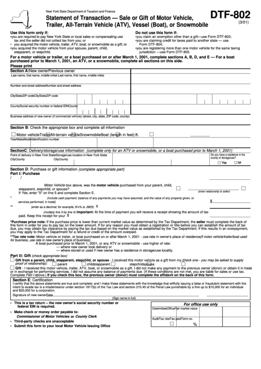 Form Dtf-802 - Statement Of Transaction - Sale Or Gift Of Motor Vehicle, Trailer, All-Terrain Vehicle (Atv), Vessel (Boat), Or Snowmobile Printable pdf