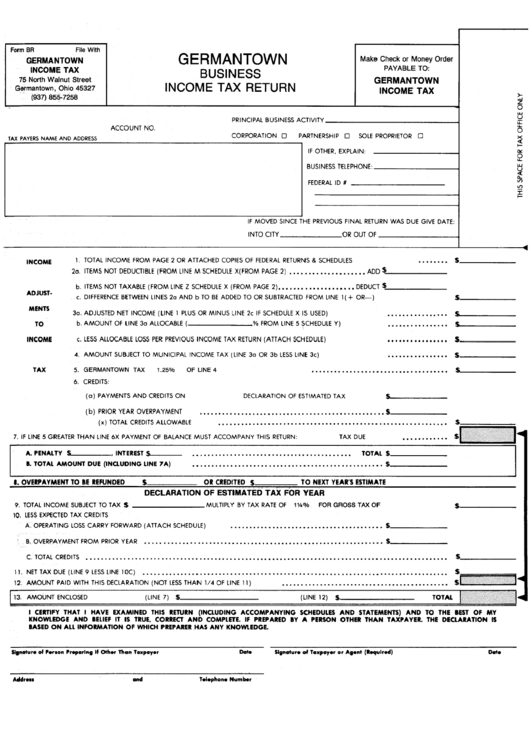 Form Br - Business Income Tax Return - City Of Germantown Printable pdf