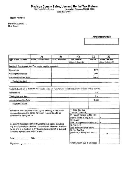Sales, Use And Rental Tax Return - Madison County Printable pdf