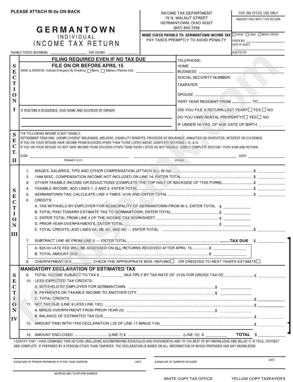 Individual Tax Return City Of Germantown printable pdf download