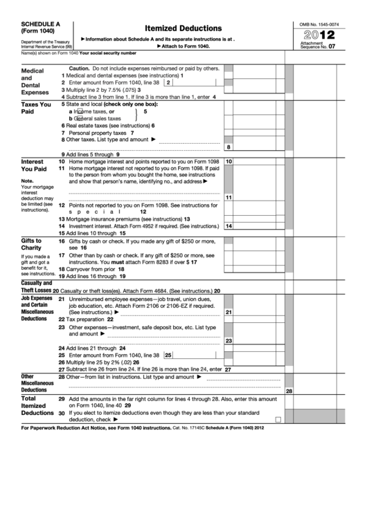 Fillable Form 1040 Schedule A - Itemized Deductions - 2012 Printable pdf