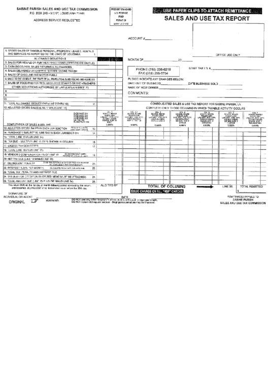 Sales And Use Tax Report - Sabine Parish Printable pdf
