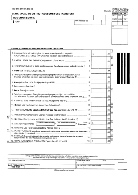 Form Boe-401-E (S1f) - State, Local And District Consumer Use Tax Return - California Board Of Equalization Printable pdf