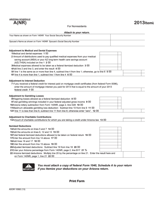 Fillable Form 10562 Arizona Schedule A(Py) - Itemized Deductions For Nonresidents - 2013 Printable pdf