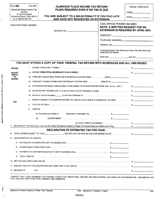 Form Br - Income Tax Return - Village Of Elmwood Place Printable pdf