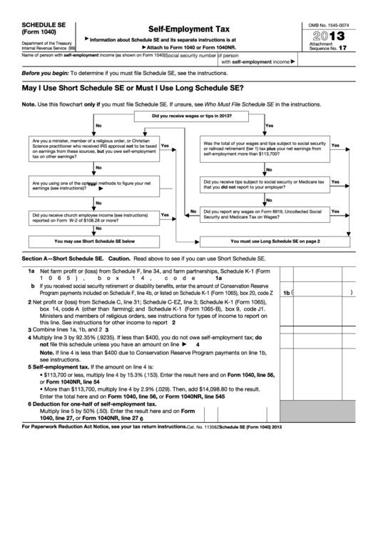 Fillable Schedule Se (Form 1040) - Self-Employment Tax - 2013 Printable pdf
