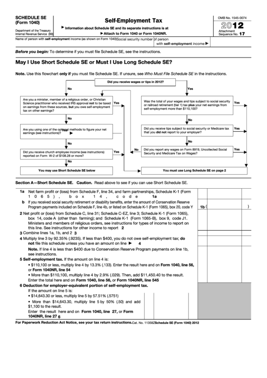 Fillable Schedule Se (Form 1040) - Self-Employment Tax - 2012 Printable pdf