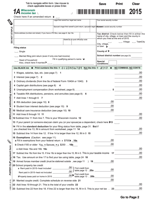 Fillable Form 1a - Wisconsin Income Tax - 2015 printable ...