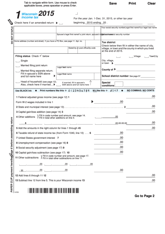Fillable Form 1 - Wisconsin Income Tax - 2015 Printable pdf