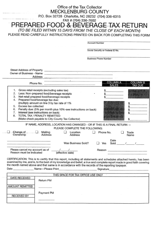 Prepared Food And Beverage Tax Return - Mecklenburg County Printable pdf