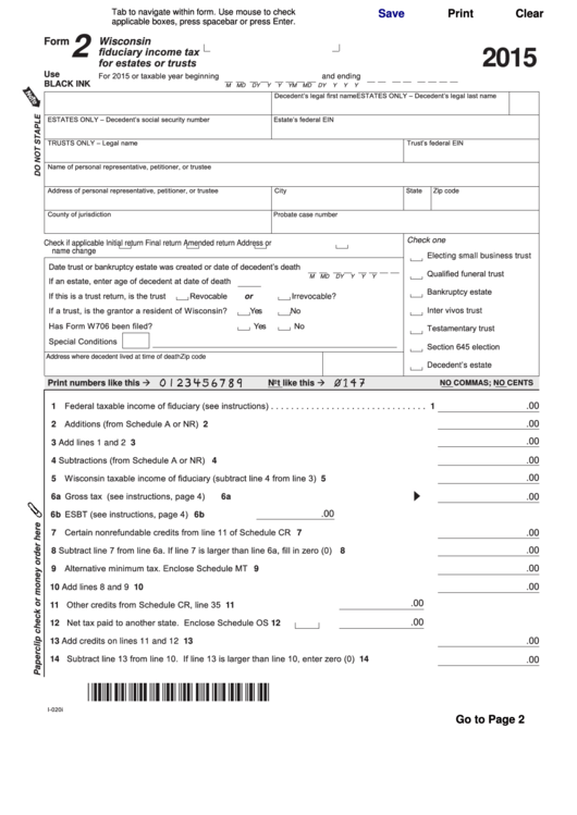 Fillable Form 2 - Wisconsin Fiduciary Income Tax For Estates Or Trusts - 2015 Printable pdf