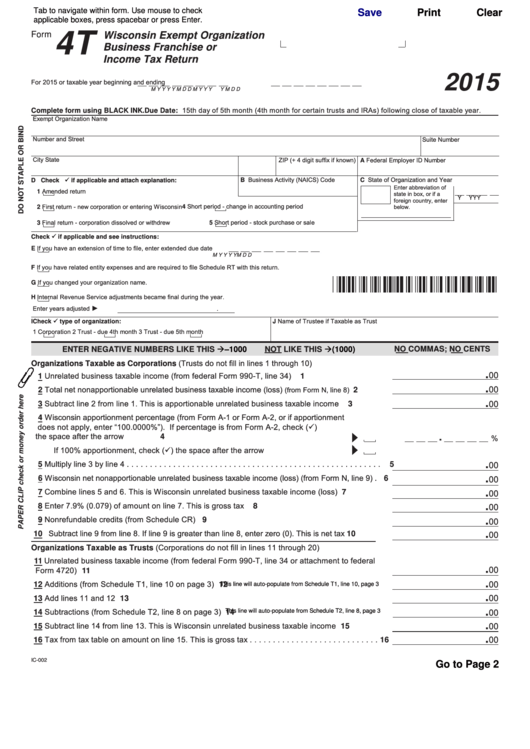 Fillable Form 4t - Wisconsin Exempt Organization Business Franchise Or Income Tax Return - 2015 Printable pdf
