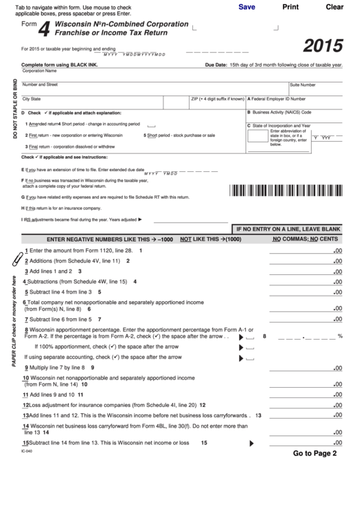 Fillable Form 4 - Wisconsin Non-Combined Corporation Franchise Or Income Tax Return - 2015 Printable pdf