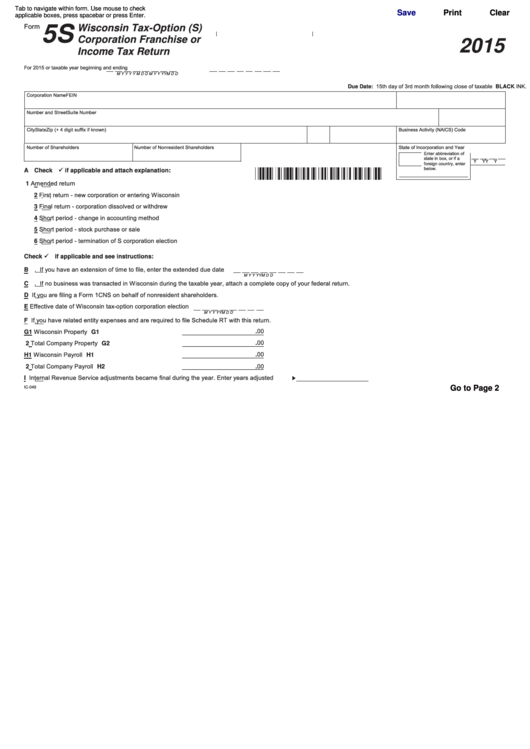 Fillable Form 5s - Wisconsin Tax-Option (S) Corporation Franchise Or Income Tax Return - 2015 Printable pdf