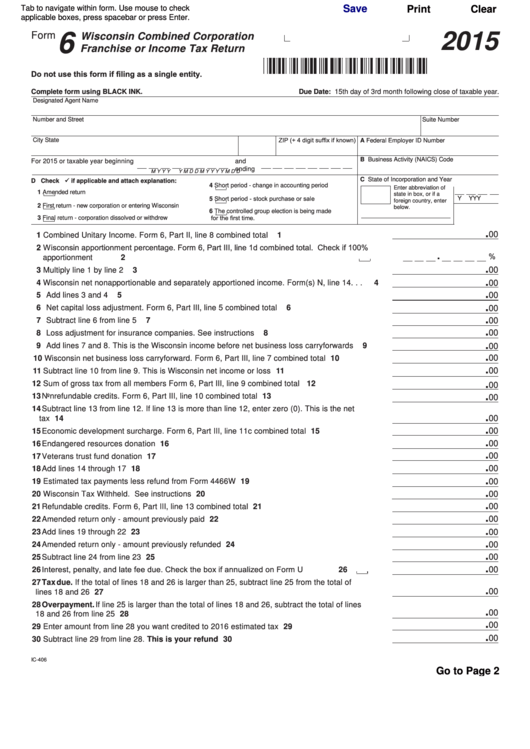 Fillable Form 6 - Wisconsin Combined Corporation Franchise Or Income Tax Return - 2015 Printable pdf