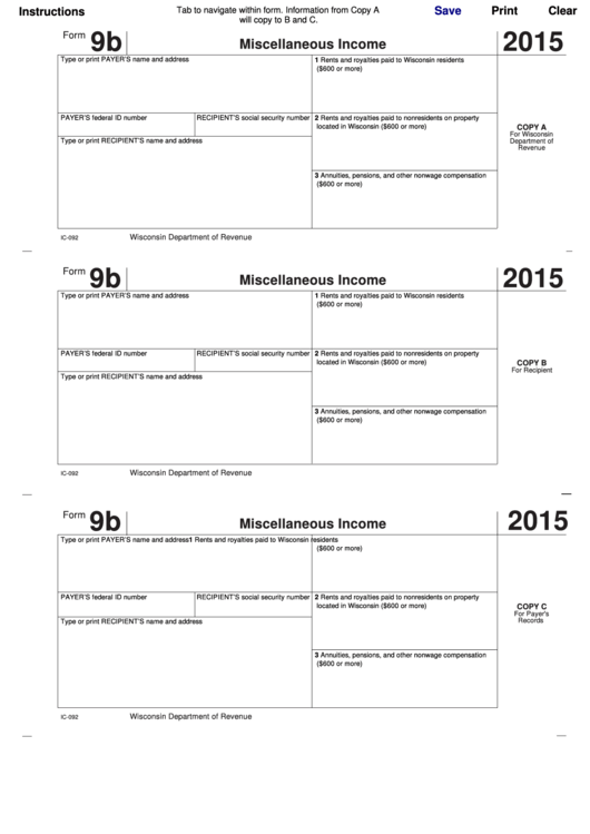 Fillable Form 9b - Miscellaneous Income - 2015 Printable pdf