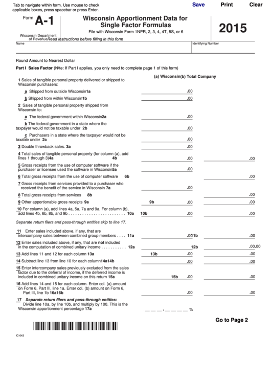 Fillable Form A-1 - Wisconsin Apportionment Data For Single Factor Formulas - 2015 Printable pdf