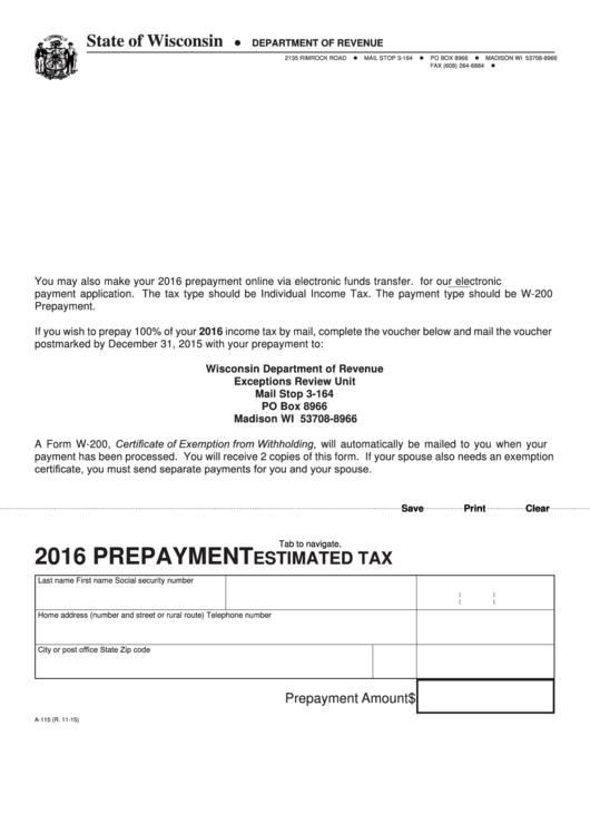 Fillable Form A-115 - Prepayment Estimated Tax - 2016 Printable pdf