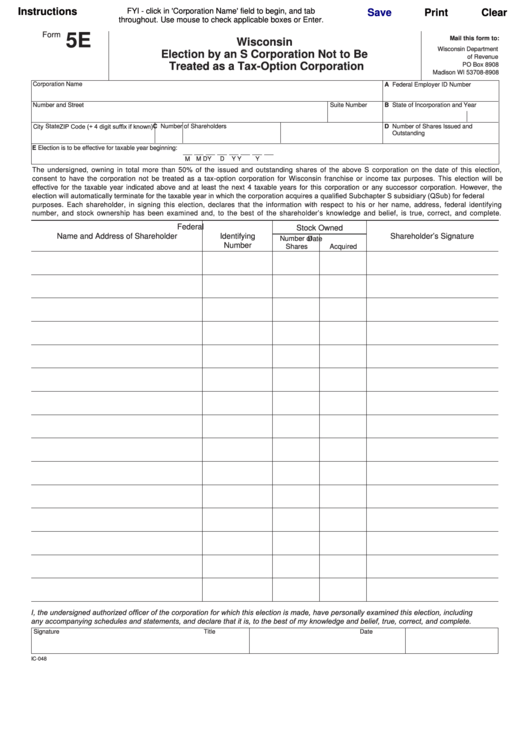Fillable Form 5e - Wisconsin Election By An S Corporation Not To Be Treated As A Tax-Option Corporation Printable pdf