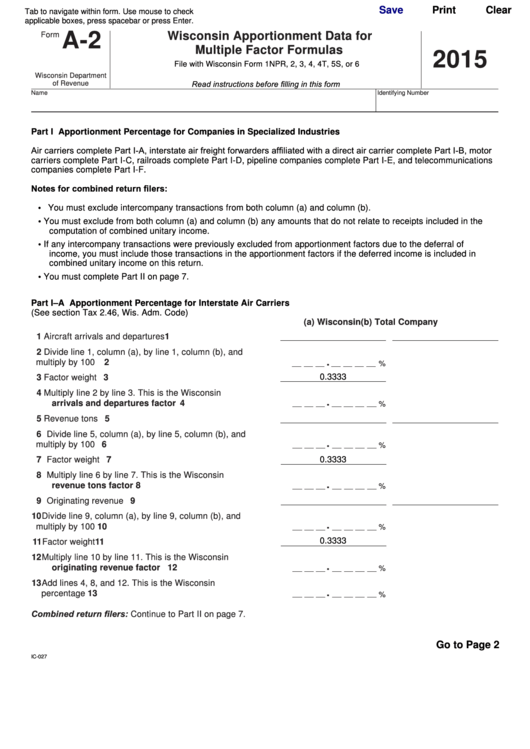 Fillable Form A-2 - Wisconsin Apportionment Data For Multiple Factor Formulas - 2015 Printable pdf
