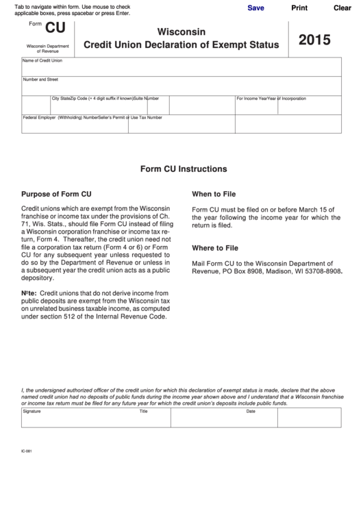 Fillable Form Cu - Wisconsin Credit Union Declaration Of Exempt Status - 2015 Printable pdf
