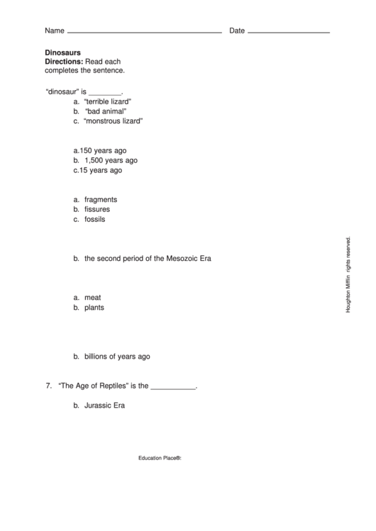 Dinosaurs Quiz Worksheet Printable pdf
