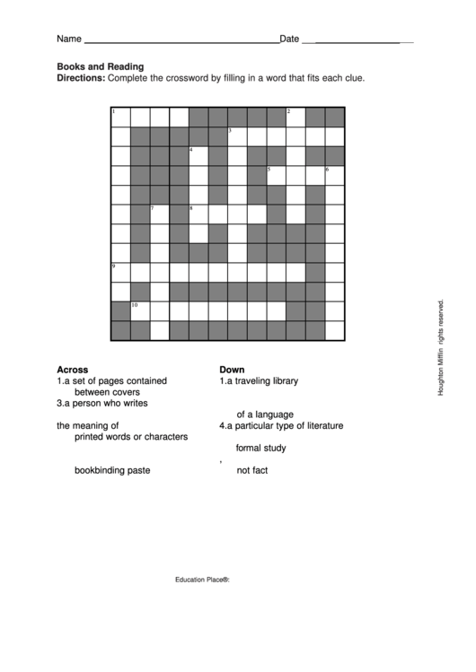 Books And Reading Cross Word Puzzle Template Printable pdf
