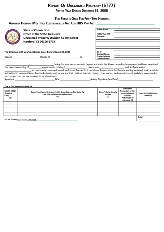 Form St77 - Report Of Unclaimed Property - 2008 Printable pdf