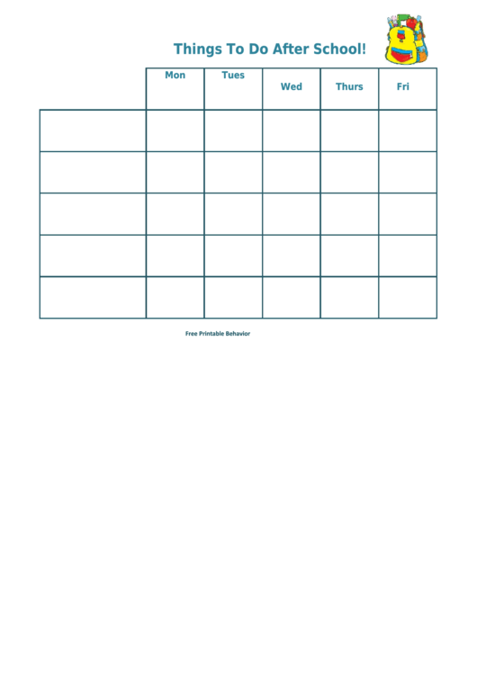 Things To Do After School Weekly Behavior Chart Printable pdf