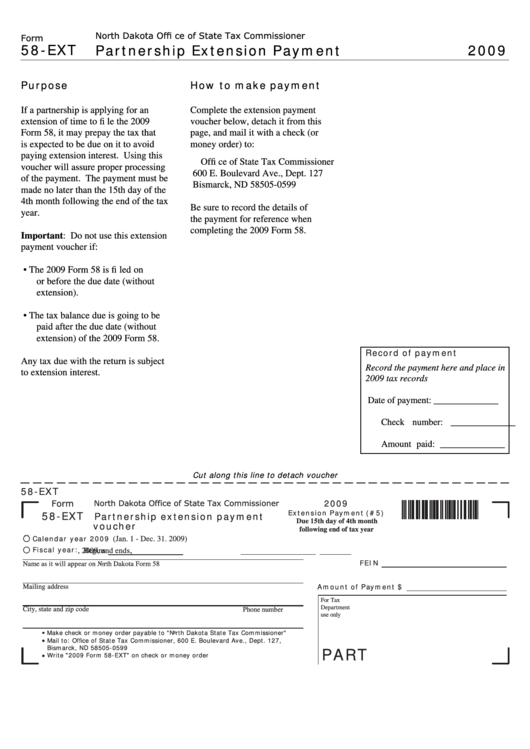 Fillable Form 58-Ext - Partnership Extension Payment - 2009 Printable pdf