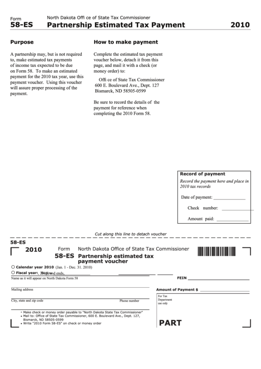 Fillable Form 58-Es - Partnership Estimated Tax Payment - 2010 Printable pdf