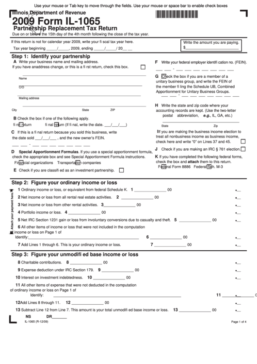 Fillable Form Il-1065 - Partnership Replacement Tax Return - 2009 Printable pdf