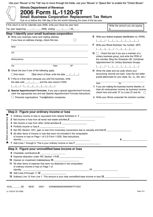 Fillable Form Il-1120-St - Small Business Corporation Replacement Tax Return - 2006 Printable pdf