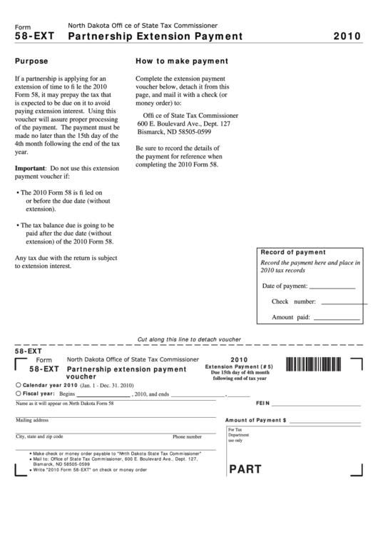 Fillable Form 58-Ext - Partnership Extension Payment - 2010 Printable pdf