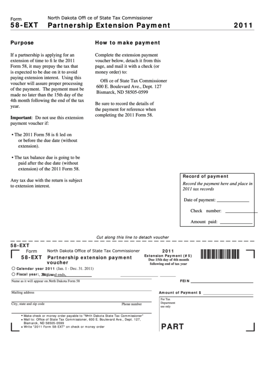 Fillable Form 58-Ext - Partnership Extension Payment - 2011 Printable pdf