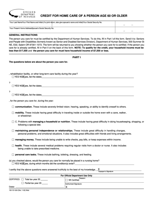 Form 150-101-024 - Credit For Home Care Of A Person Age 60 Or Older - 2003 Printable pdf