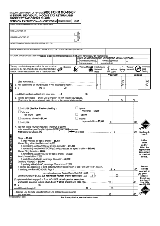 Fillable Form Mo-1040p - Missouri Individual Income Tax Return And Property Tax Credit Claim/ Pension Exemption - Short Form - 2005 Printable pdf