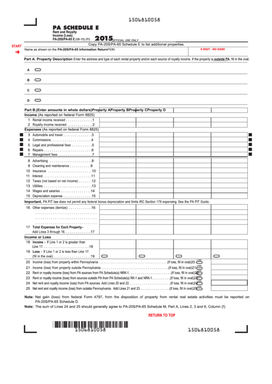 Fillable Pa Schedule E (Form Pa-20s/pa-65 E) - Rent And Royalty Income (Loss) - 2015 Printable pdf