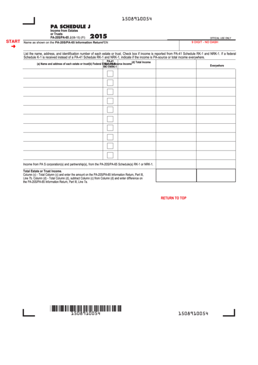 Fillable Pa Schedule J (Form Pa-20s/pa-65 J) - Income From Estates Or Trusts - 2015 Printable pdf