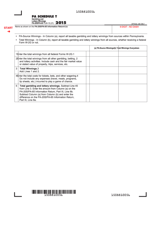 Fillable Pa Schedule T (Form Pa-20s/pa-65 T) - Gambling And Lottery Winnings - 2015 Printable pdf