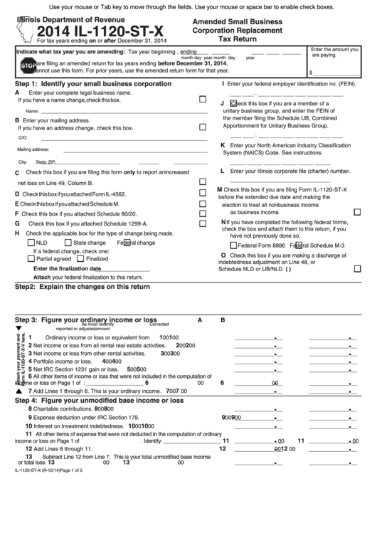 Fillable Form Il-1120-St-X - Amended Small Business Corporation Replacement Tax Return - 2014 Printable pdf