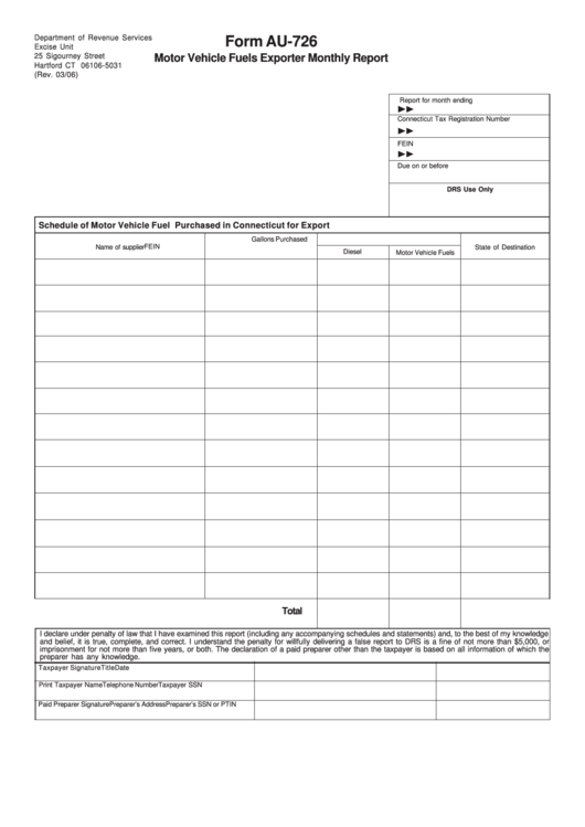 Fillable Form Au-726 - Motor Vehicle Fuels Exporter Monthly Report Printable pdf