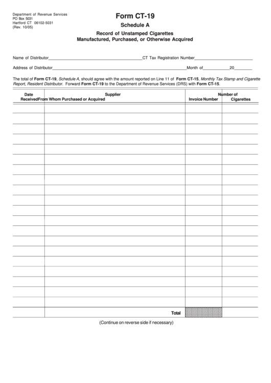 Fillable Form Ct-19 - Schedule A - Record Of Unstamped Cigarettes Manufactured, Purchased, Or Otherwise Acquired Printable pdf