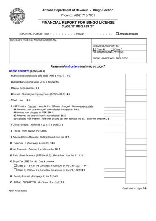 Fillable Form Ador 71-1001f - Financial Report For Bingo License Printable pdf
